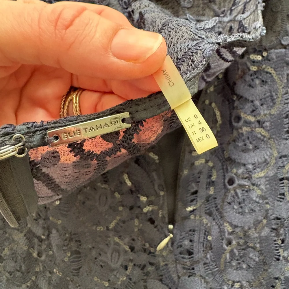 Elie Tahari Annabelle Feather-Trimmed Embellished Gauze Dress Navy Blue 0 - Picture 9 of 9